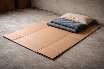 Cardboard bed with blanket and pillow on concrete floor. Space for text.