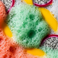 Abstract composition of bubbling foam with citrus fruit textures in macro sensory immersion colorful artwork