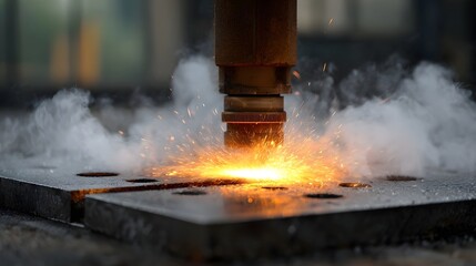Industrial metal cutting process with intense sparks and steam from a torch