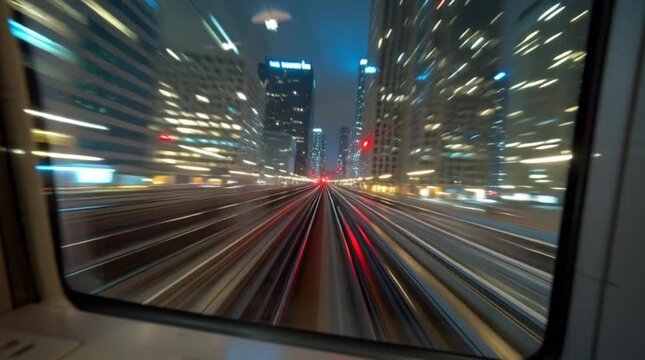Dynamic night journey through a vibrant metropolis, showcasing blurred city lights and fast-moving urban infrastructure from a train's perspective