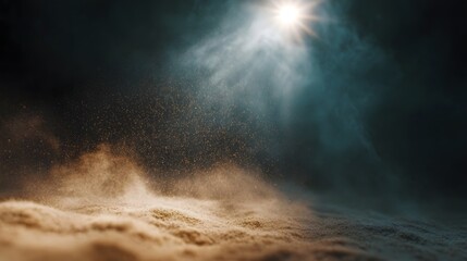 Sunbeam illuminates swirling dust particles over sandy dunes in a dramatic atmospheric scene
