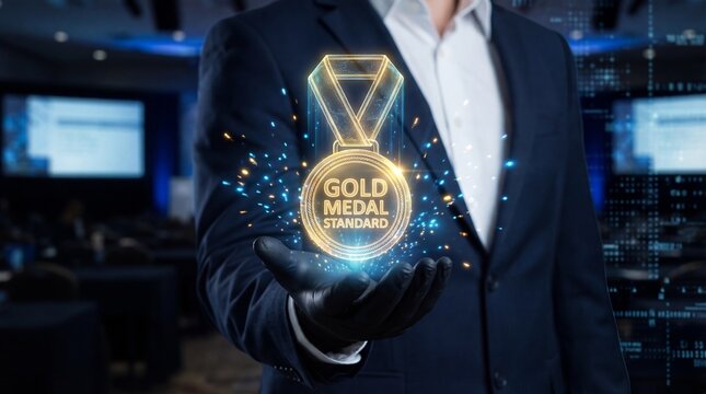 Businessman holding virtual gold medal standard hologram, digital award concept, quality excellence symbol, success achievement icon, glowing 3d technology interface, premium business winner bg. - Powered by Adobe