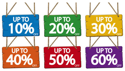 Colorful Hanging Discount Sign Set &ndash; Up to 60% OFF for Retail and Marketing, discount, discounts, sale, offer, promotion, promotional, retail, marketing, shop, store, hang sign, hanging sign, 