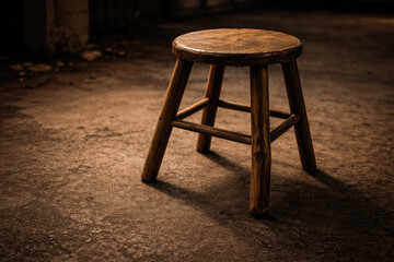An old wooden stool in an empty, dark room. Space for text.