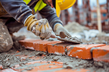 Construction worker laying red bricks with a trowel and mortar on a building site, close-up of hands at work, masonry and bricklaying concept.
