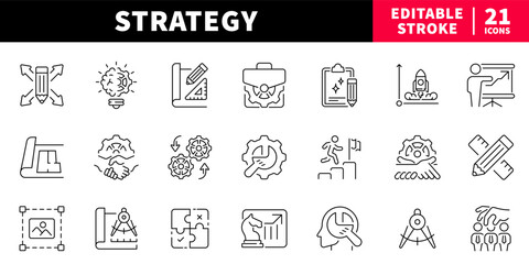 Strategy and planning editable line icons set. business and development