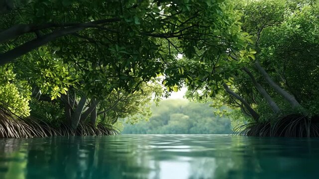 Ultra HD Lush green mangrove forest canopy arching over calm turquoise water with bright sunlight filtering through the leaves video