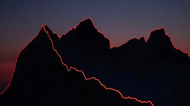 Dramatic mountain range silhouette against the twilight sky glowing with an intense fiery red outline during a clear breathtaking sunrise or sunset view - Powered by Adobe