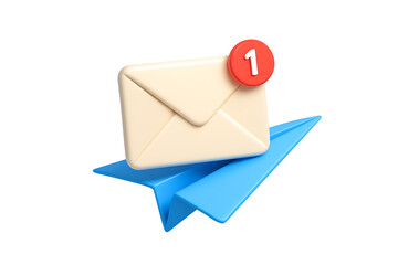 3D Email Envelope Icon with Red Notification Badge Number 1 on Blue Paper Plane Background OR white background © Debirani