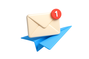 3D Email Envelope Icon with Red Notification Badge Number 1 on Blue Paper Plane Background OR white background