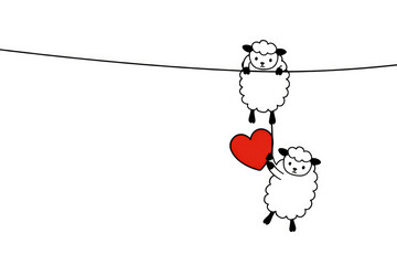 Two sheep on a rope holding a red heart together. Space for text.