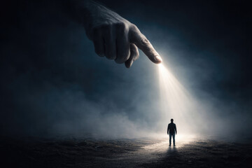 A lonely man in a beam of light under a huge finger in the fog.