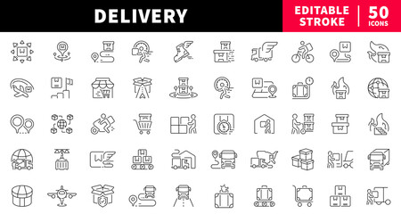 Delivery editable line icons set for shipping and courier services