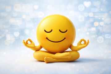 Yellow emoji meditating in lotus position on light background.