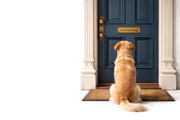 Dog sitting in front of closed door waiting for owner, Space for text.