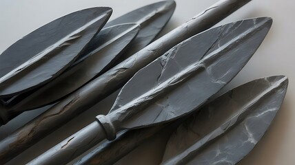 A collection of sharply crafted primitive slate spearheads and dark weapon points piled together showcasing rough texture and ancient military tool design.