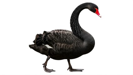 Fototapeta premium A black swan walking on a transparent background with its distinctive red beak and sleek feathers