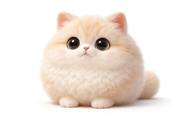 A fluffy kitten with huge round eyes on a white background.