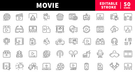 Movie editable line icons set. cinema and film graphics