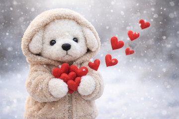 A teddy bear in winter clothes holds red hearts.