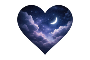 Heart-shaped night sky with moon and clouds.