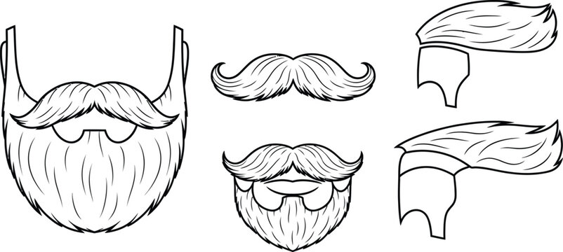 Outline illustration set of 5 facial hair styles beard mustache goatee and sideburns
