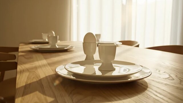 Breakfast table setting with eggs and sunlight