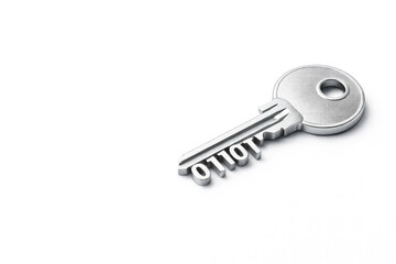 A metal key with teeth in the form of a binary code. Space for text.