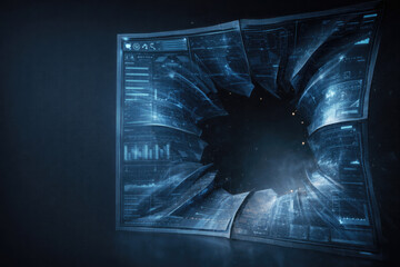 A broken digital screen with a dark hole inside. Space for text.