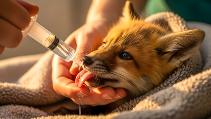 A cute red fox like a cat holding a mouse in its mouth while sitting inside a cage on a white background