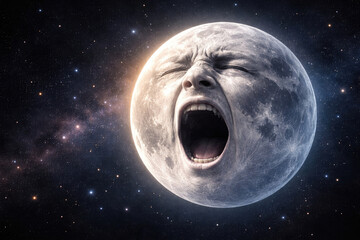 A moon with a human face, screaming in boundless space.