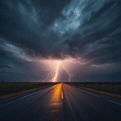 Lightning during a thunderstorm creates flashes in the storm, particularly noticeable on roads. This weather phenomenon often impacts driving conditions and visibility.