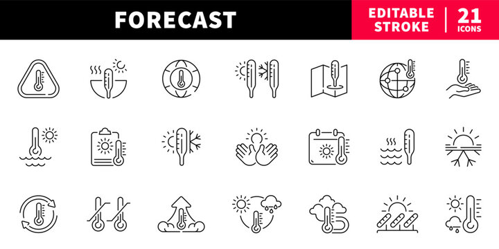 Weather and forecast editable line icons set. temperature and climate