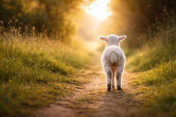 A lamb walking along the path towards the bright dawn.