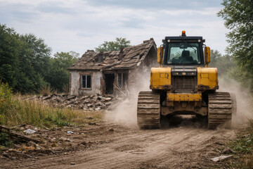 A bulldozer destroys an old abandoned village house.