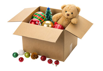 Cozy teddy bear and vibrant Christmas decorations in a cardboard box on a tranparent background