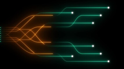 Abstract neon glowing dot line particle background technology concept animation. Neon cyan and orange data transmission motion graphics video. 4k