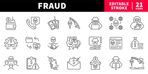 Fototapeta premium Fraud and security editable line icons set. scam and protection symbols