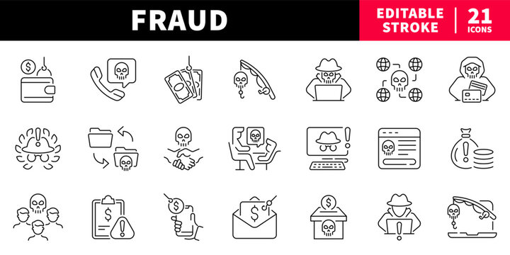 Fraud and security editable line icons set. scam and protection symbols