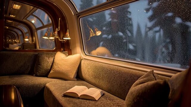 Tranquil Night View Inside Plush Private Sleeper Train Cabin with Snow Outside