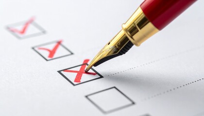 Red and gold fountain pen marking third checkbox on checklist with three red checkmarks.