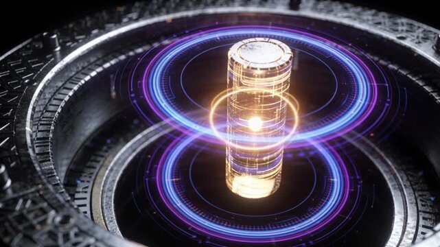 Macro illustration of a glowing rare earth quantum core suspended within a metallic high‑tech chamber. Swirling plasma rings orbit the core, casting soft reflections across hyper‑detailed surfaces.