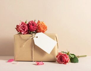 Thoughtfully wrapped gift box made of brown kraft paper, adorned with beautiful fresh roses and a blank tag, awaiting a special celebration