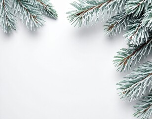 Beautiful evergreen pine branches covered in a delicate layer of white artificial snow creating a festive winter holiday background with ample copy space