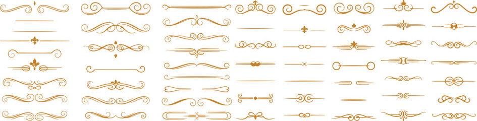 Set of refined golden dividers with elegant flourishes and ornamental line details. Vintage decorative border collection featuring minimal separators and artistic filigree accents for wedding © arraygraphic1