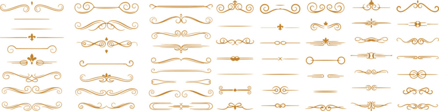 Set of refined golden dividers with elegant flourishes and ornamental line details. Vintage decorative border collection featuring minimal separators and artistic filigree accents for wedding