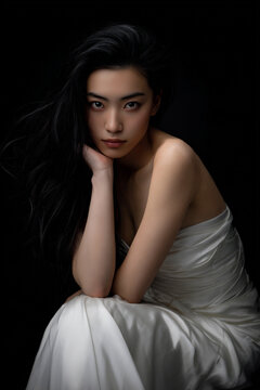 asian model in white shoulderless dress sitting elegantly, black long hair highlighted slightly flying against dark background, glamour portrait of beautiful asian woman in fashion style
