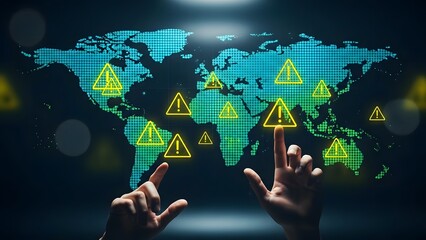 Global warning signs on a digital world map with hands interacting