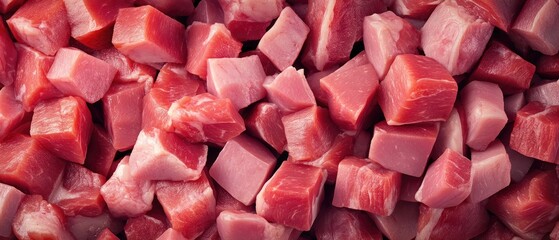 Close-up of fresh, diced raw pork meat in various sizes. The pinkish-red cubes are neatly arranged, showcasing the texture and quality of the meat.