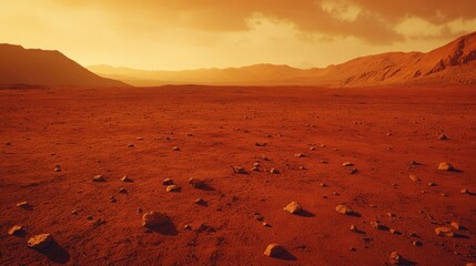 A barren red landscape with rocky terrain under a golden sky. The scene resembles a Martian environment, showcasing an otherworldly atmosphere.